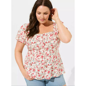 Torrid Peplum Challis Puff Short Sleeve Top Womens 3X Plus Cream Red Floral Boho
